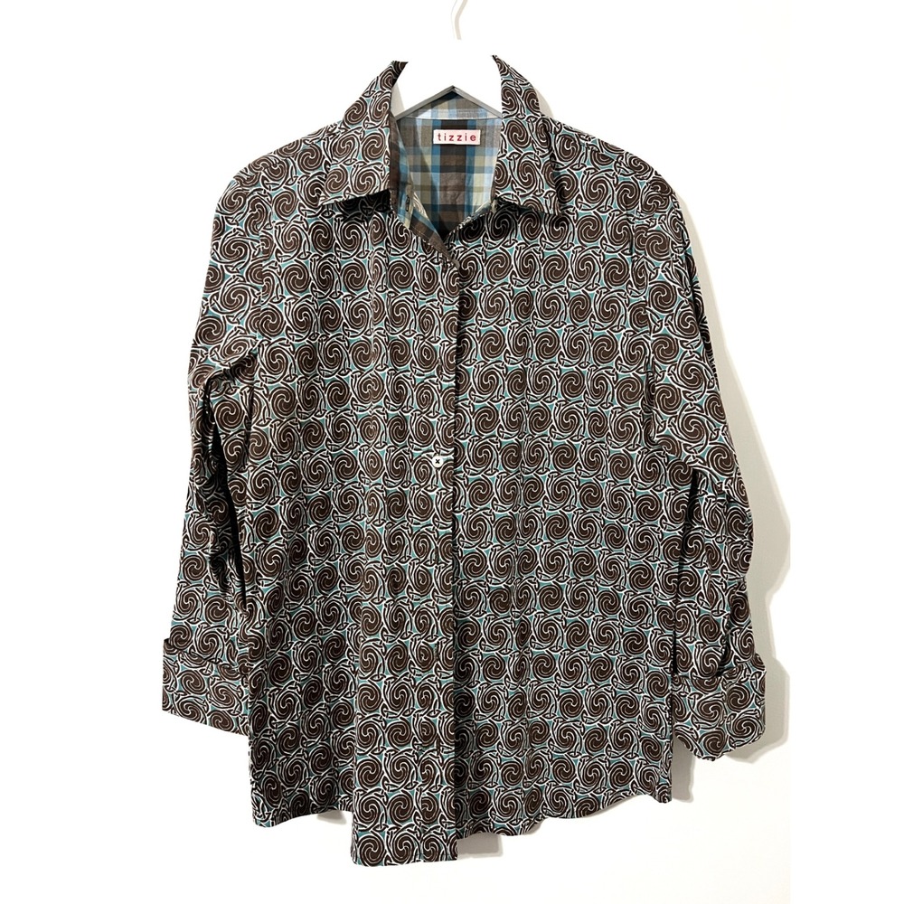 TIZZIE Brown Swirl Print Button Down Excellent Psycho Pop Retro Mod Large